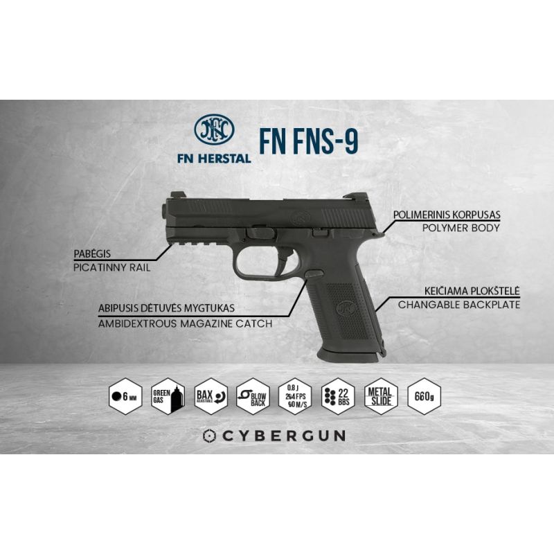 FN FNS-9 GBB Ametlik Airsoft püstol metallist liuguriga